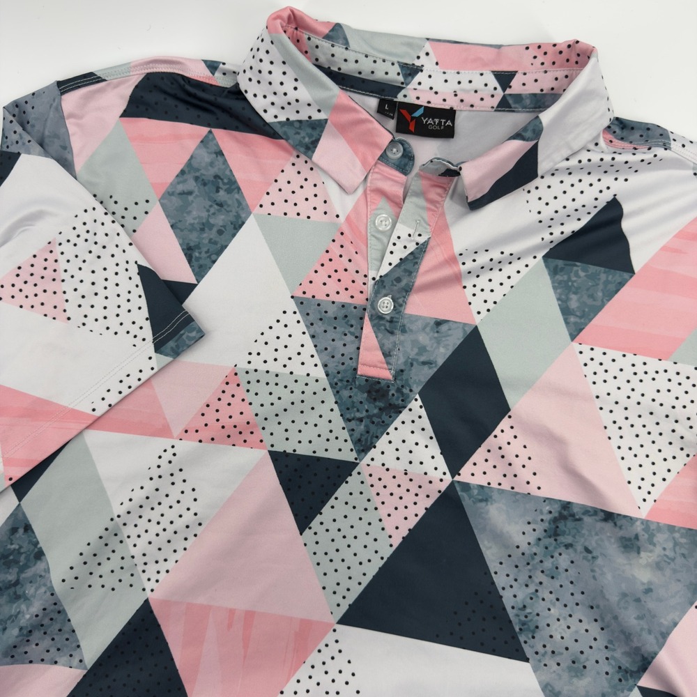 Yatta Golf Mens Performance Polo Shirt Pink Grey Geometric Triangle Print Size L